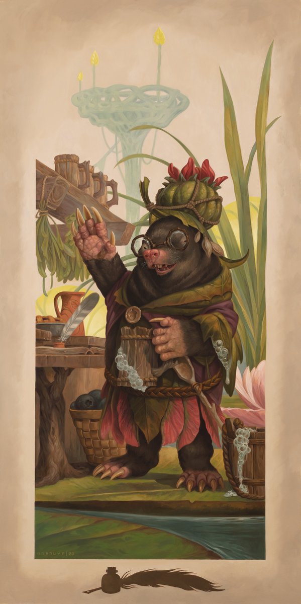 Innkeeper's Talent, for Bloomburrow. This set was an absolute joy to work on, everything coming out has been so beautiful and charming! I'm glad I got to contribute this little guy.

12" x 24" Oil on Cradled Board
AD: Zack Stella

#MTGBloomburrow