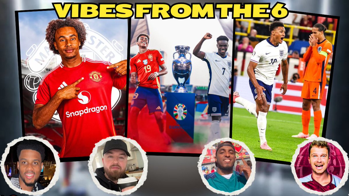 EGTVEgal's tweet photo. VIBES FROM THE 6  @ 8 pm #EUROS2024 ft @AVFTS1 @chesney_english @MUFCxKas 

Link - https://t.co/3Jh0lqBXAv

England Face Spain In Euro 2024 Final 
PLAYER &amp; TEAM OF THE TOURNAMENT 
Calafiori to Arsenal stalls 
Zirkzee to Man Utd COMPLETE 
Darwin Nunez FIGHTS https://t.co/a6eZsMmky6