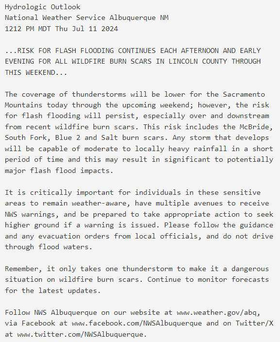 NWSAlbuquerque's tweet photo. As a reminder to everyone that resides near a wildfire burn scar: While coverage of storms will be a bit lower thru this weekend, it only takes one storm to make it a bad day! Be weather-aware and take protective actions if a warning is issued for your area! #nmwx #SpreadTheWord https://t.co/4XyDeja3aR