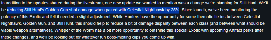 BuildsDestiny2's tweet photo. 🚨 Still Hunt's Golden Gun shot will get damage nerf when paired with Celestial Nighthawk by 25%

Confirmed from today's TWID. https://t.co/5zXA1qc3sY