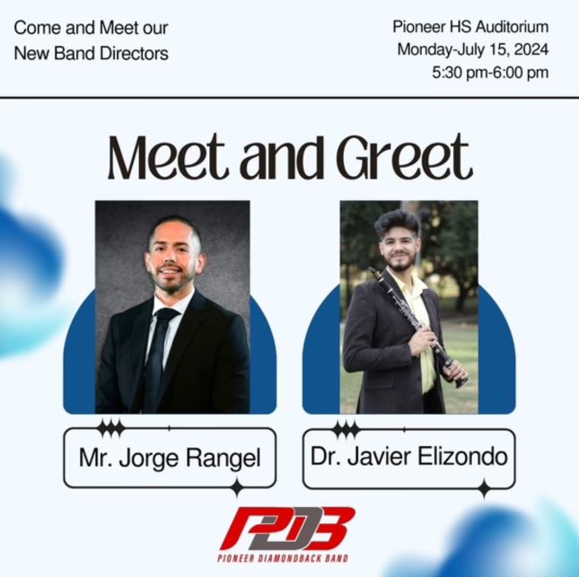 Parents, come and join a brief meet and greet with the 2 new directors to our Diamondback Band/Color Guard family on Monday, July 15 from 5:30pm-6:00pm in the Pioneer HS Auditorium.