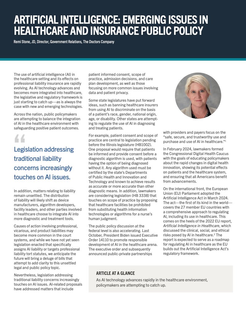 CHCAlbany's tweet photo. As artificial intelligence (AI) continues to reshape the landscape of healthcare delivery and liability, healthcare professionals and policymakers must stay informed and engaged. @DoctorsCompany offers insights into discussions that impact AI use in healthcare https://t.co/ITXyBGpQJM