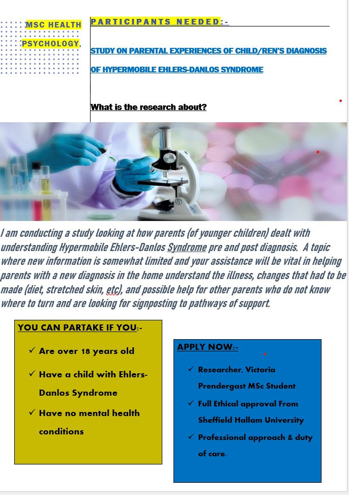 ehlersdanlosuk's tweet photo. A qualitative study exploring parental experiences of their child/children’s diagnosis of hEDS. 

Victoria Prendergast is an MSc Health Psychology student at Sheffield Hallam University looking for participants to do a recorded Zoom interview. https://t.co/oO9Etbna9t