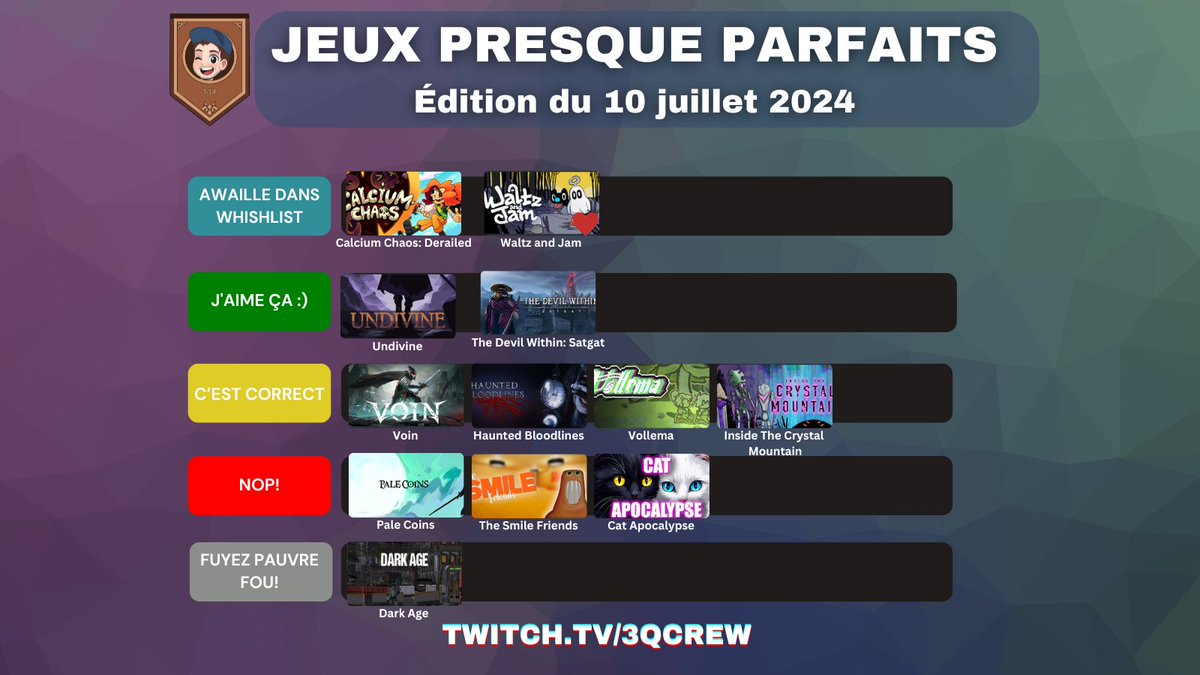 Tisir : 3QCrew (TTV) et UrgenTisir Show (TTV/Spot) (@tisir_) on Twitter photo Tierlist - JPP du 10 juillet avec <a href="/YougiDoggyBear/">YougiDoggyBear</a>
Les shoutouts:
1. Calcium Chaos: Derailed de <a href="/CalciumChaos/">Calcium Chaos💀</a>
2. Waltz and Jam de <a href="/WaltzandJam/">Waltz and Jam</a>
3. Undivine de <a href="/deadpixstudios/">Deadpix Studios</a>
4. The Devil Within: Satgat de <a href="/Newcore_Games/">The Devil Within: Satgat - AVAILABLE NOW</a>
On se revoit mercredi prochain!
twitch.tv/3qcrew Tierlist - JPP du 10 juillet avec <a href="/YougiDoggyBear/">YougiDoggyBear</a>
Les shoutouts:
1. Calcium Chaos: Derailed de <a href="/CalciumChaos/">Calcium Chaos💀</a>
2. Waltz and Jam de <a href="/WaltzandJam/">Waltz and Jam</a>
3. Undivine de <a href="/deadpixstudios/">Deadpix Studios</a>
4. The Devil Within: Satgat de <a href="/Newcore_Games/">The Devil Within: Satgat - AVAILABLE NOW</a>
On se revoit mercredi prochain!
twitch.tv/3qcrew