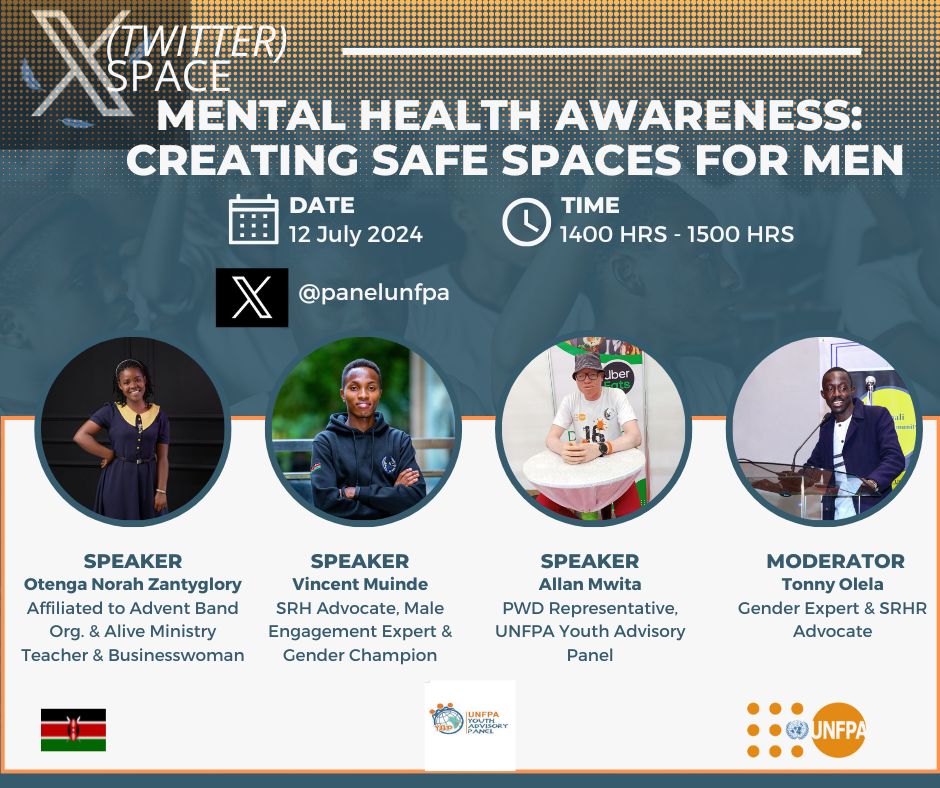 Don't miss tomorrow's Twitter Space with @paneUnfpa❗
We’ll delve into men's mental health &amp; the impact of safe spaces on emotional well-being.

Breaking the stigma starts with us. Your participation can drive change and support men's mental health. 

#MenSpeakUp
#UNFPAYAPKe