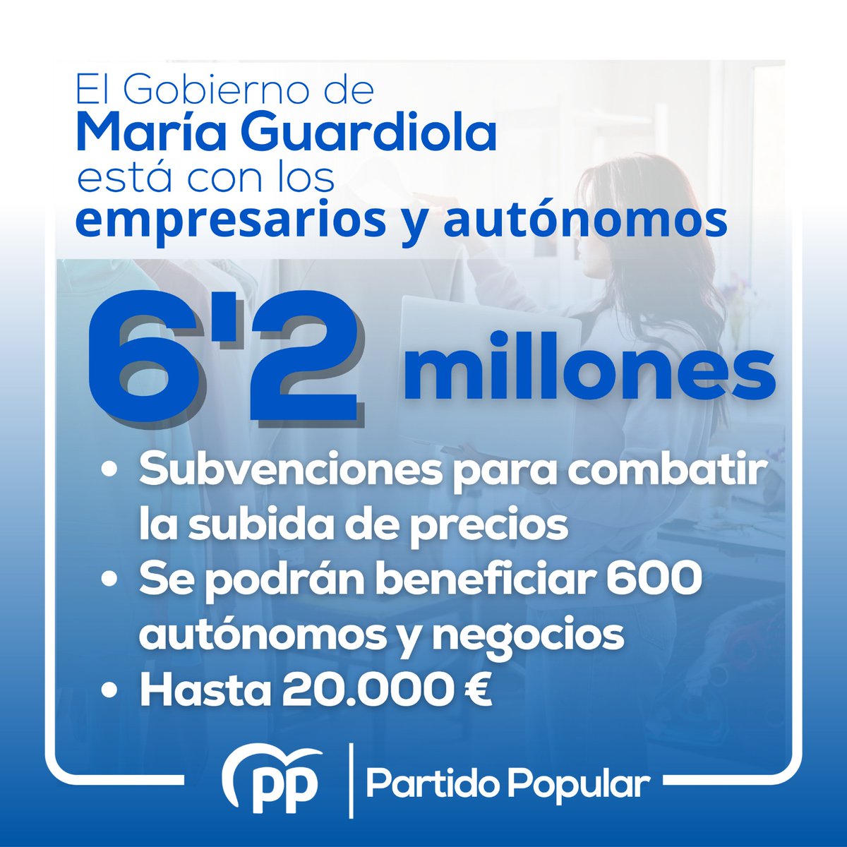 PPopularCC's tweet photo. El Gobierno de @MGuardiolaM activa medidas para ayudar a nuestros empresarios y autónomos.

☑️ Hasta 20.000€ para compensar la subida de luz, agua, gas...
☑️ Se podrán beneficiar hasta 600 empresas y autónomos.

#ExtremaduraCrece https://t.co/30KXCj6l7g