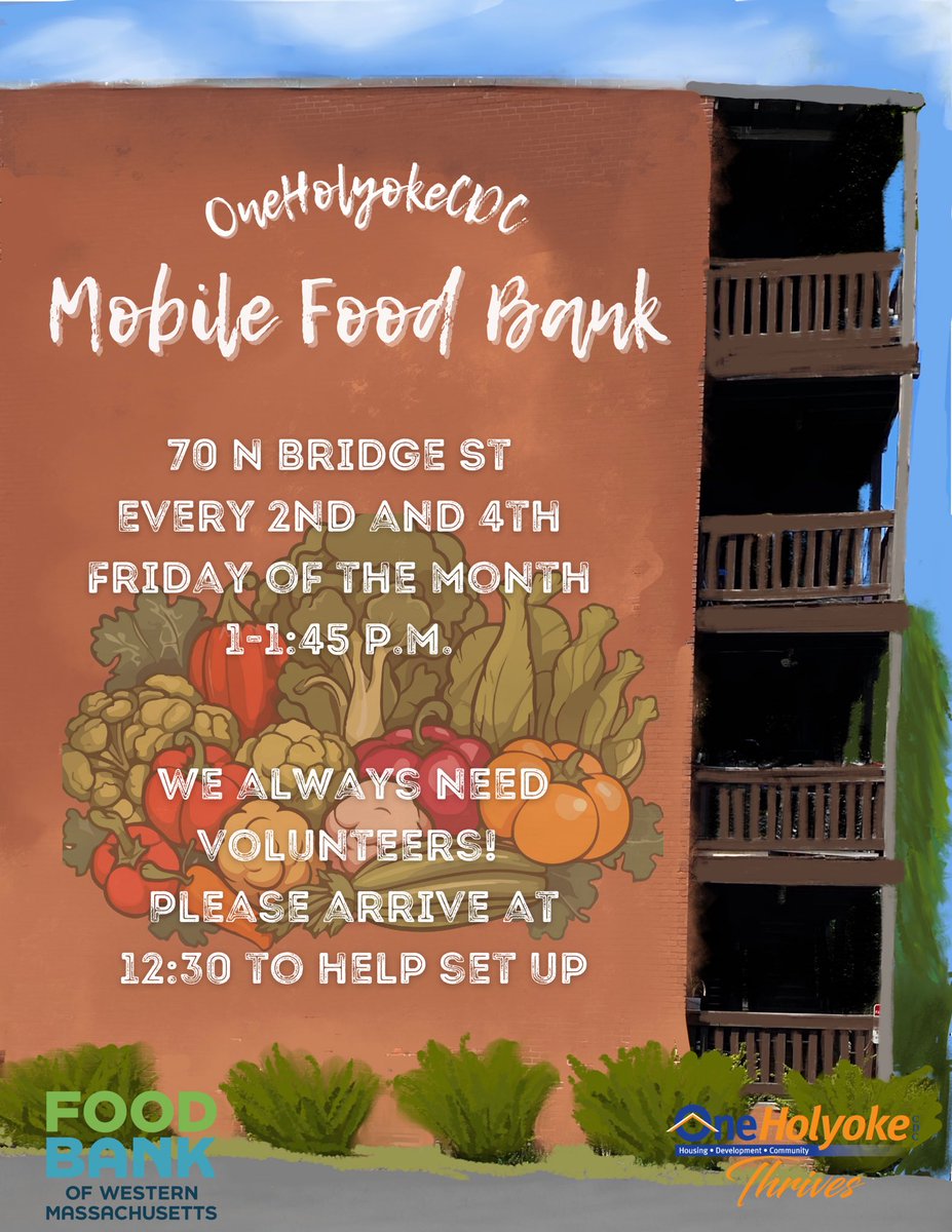 OneHolyokeCDC Mobile Food Bank
Tomorrow 7/11 1-1:45 p.m.
70 N Bridge St
We are always looking for volunteers!! No need to sign up, just show up at 12:30 to help us set up if you are able!