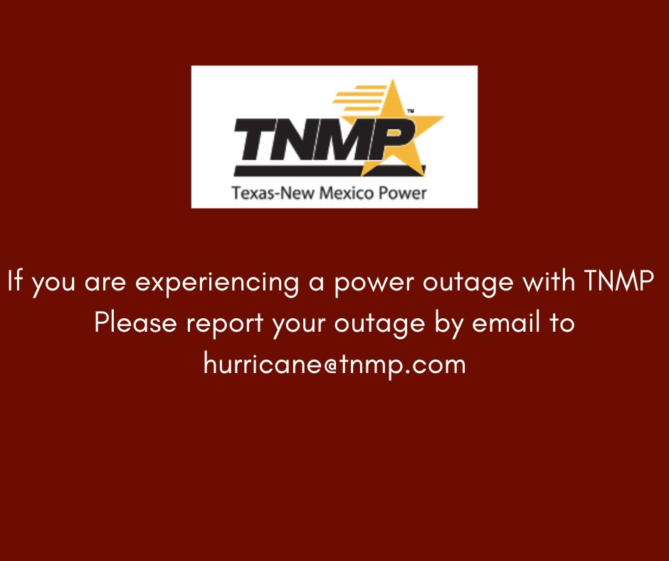 BrazoriaCounty's tweet image. If you do not have service (TNMP), email hurricane@tnmp.com. In your email, include the following details:

•Address
•City
•Description of the issue (Example: transformer blew; line on ground; downed tree on line)

#HurricanePreparedness #StaySafe #TNMP