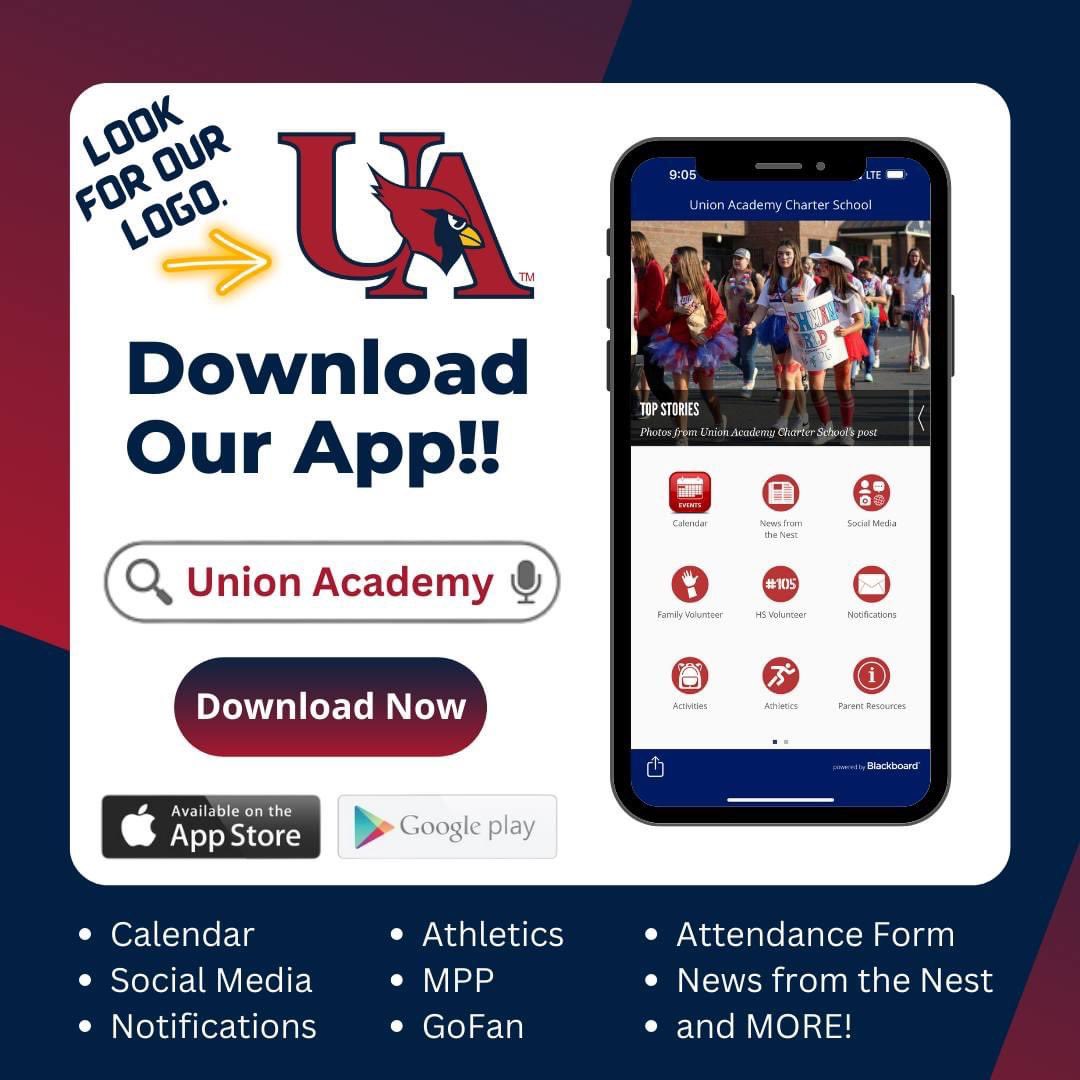 Have you downloaded our mobile app? It's the best way to stay updated on all our activities and get notifications about upcoming events. 

Find it now in your mobile App Store or Google Play. Don't miss out! <a href="/UAathletics/">Union Academy Athletics</a> @JZUAHS @CoachJarredHill <a href="/JSuttonSmith/">Jennifer SuttonSmith</a> 
#weareUA
