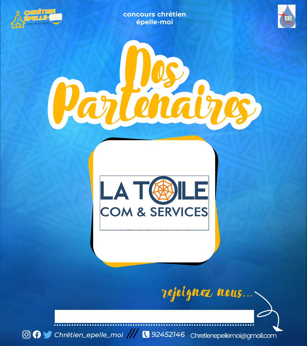 MoiChretien's tweet photo. 📣 Chers amis, nous sommes ravis de vous #annoncer un nouveau #partenariat avec La Toile Com &amp; Services pour notre concours chrétien-épelle-Moi. 🎉

Grâce à ce partenariat, nous visons à offrir une expérience encore plus #enrichissante et #engageante pour tous les #participants. https://t.co/S9V8M55X86