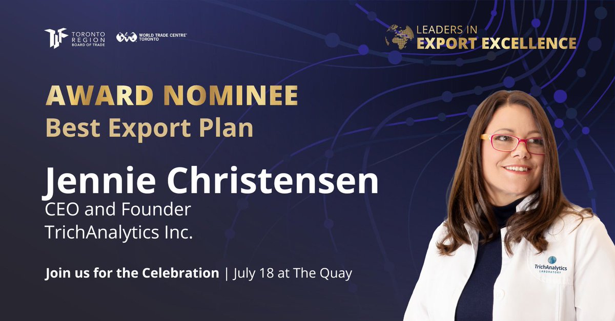 World Trade Centre Toronto (@wtc_to) on Twitter photo Excited to announce <a href="/TrichAnalytics/">Jennie Christensen</a> is a nominee for the Best Export Plan Award! Founded in 2016, TrichAnalytics is globally accredited for laser-based tissue analysis, growing into a $1.5M venture.
Join the celebration at Leaders in Export Excellence: bit.ly/45XsQaV Excited to announce <a href="/TrichAnalytics/">Jennie Christensen</a> is a nominee for the Best Export Plan Award! Founded in 2016, TrichAnalytics is globally accredited for laser-based tissue analysis, growing into a $1.5M venture.
Join the celebration at Leaders in Export Excellence: bit.ly/45XsQaV