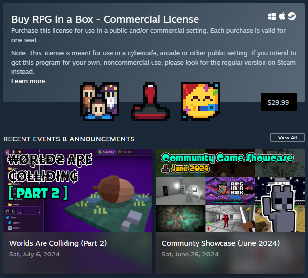 Excited to announce that RPG in a Box now has a commercial license available through Steam! 🥳 If you know an educator or anyone who runs a public space, please pass this on to them! It's an easy way to purchase multiple floating licenses to use in their classroom, cafe, etc. 👍