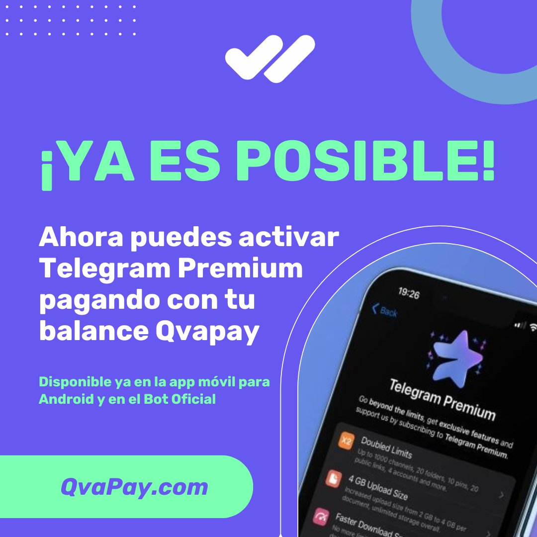QvaPay's tweet photo. ¿Quieres activar ✉️ Telegram Premium pagando con QvaPay?

¡YA ES POSIBLE AL MEJOR PRECIO! 🎉

Desde tu balance en QvaPay, puedes reservar 3 meses, 6 meses y hasta 1 año de Telegram Premium ⭐️

Disponible ya en la app móvil para Android 🤖 y en el Bot oficial @QvaPaySupport_bot

Muchas gracias por la preferencia. 💜