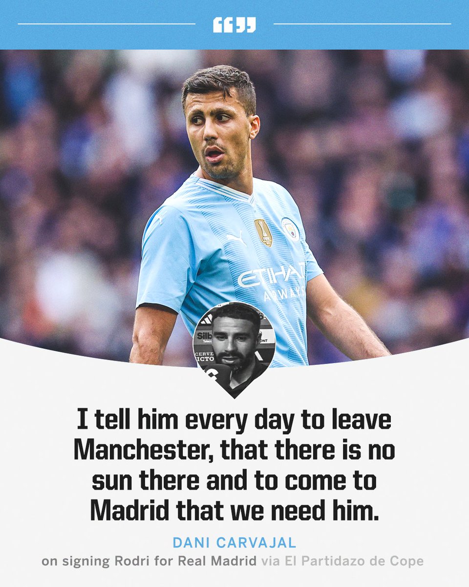 ESPNUK's tweet photo. Dani Carvajal is trying to get Rodri to leave Manchester for Madrid 😅 https://t.co/YZv3WMoLHU