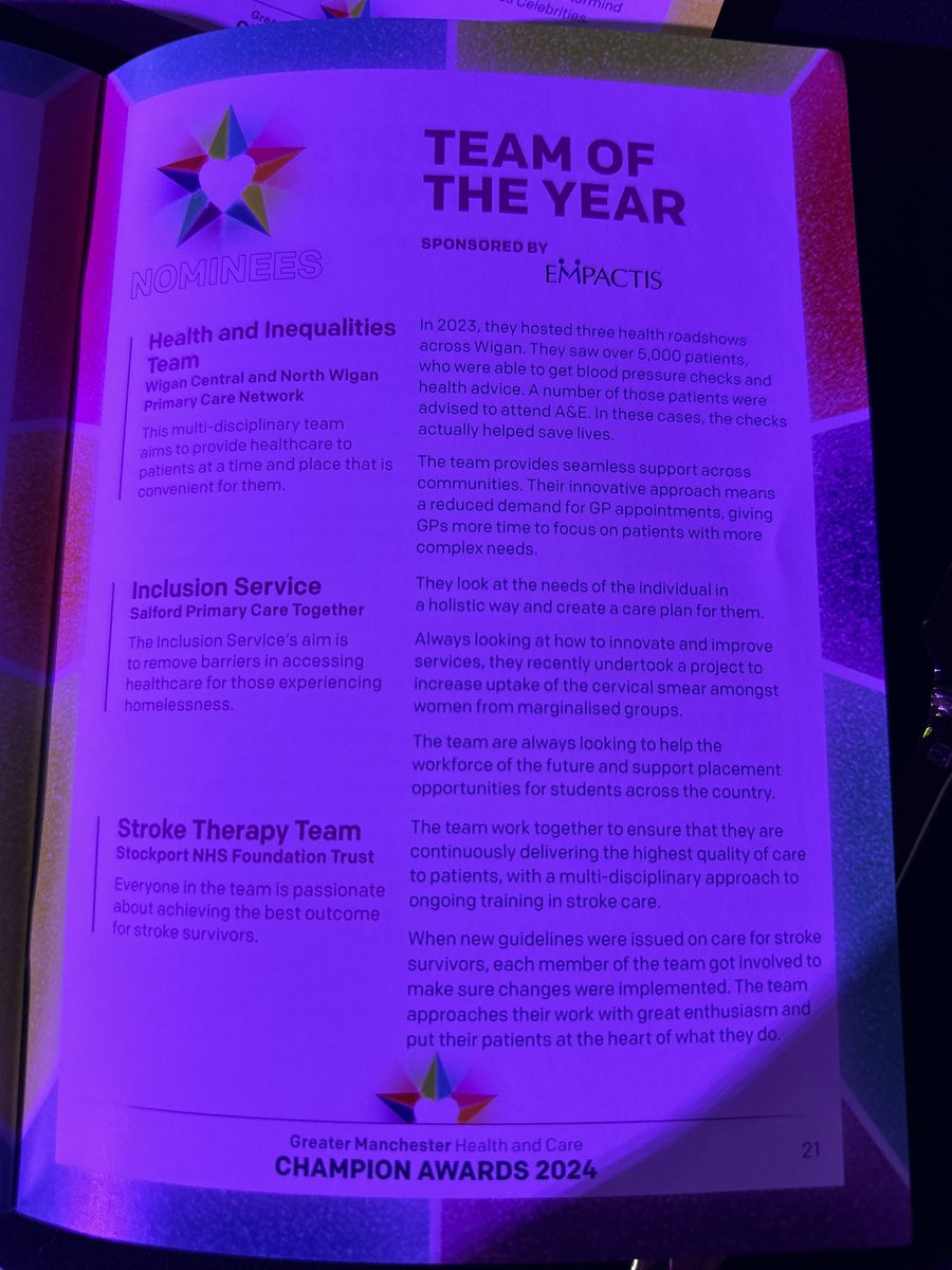 At the Greater Manchester Health &amp; Care  Champion Awards 2024 .
Proud of the Wigan Central &amp; North Wigan PCN’s Health &amp; Inequalities  team  - short listed for  Team of the Year 🌟
@wiganCentralPCN
@NorthWiganPCN
<a href="/Wiganfederation/">Wigan Borough Federated Healthcare</a> 
@BewellW 
<a href="/WiganCouncil/">Wigan Council</a>