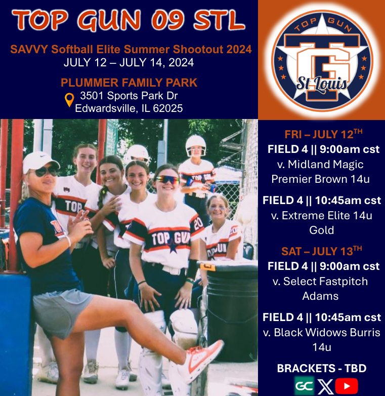 topgun09stl's tweet photo. Taking the field this weekend for our final local tournament of the summer! 
Savvy Softball Elite Summer Shootout 2024 

Follow along on GameChanger at Top Gun 09 STL or swing by Plummer Family Park! 
#timetofly
#flyabove
#topgunfastpitch
#cultureTOPGUN https://t.co/9GOL3DdEQQ