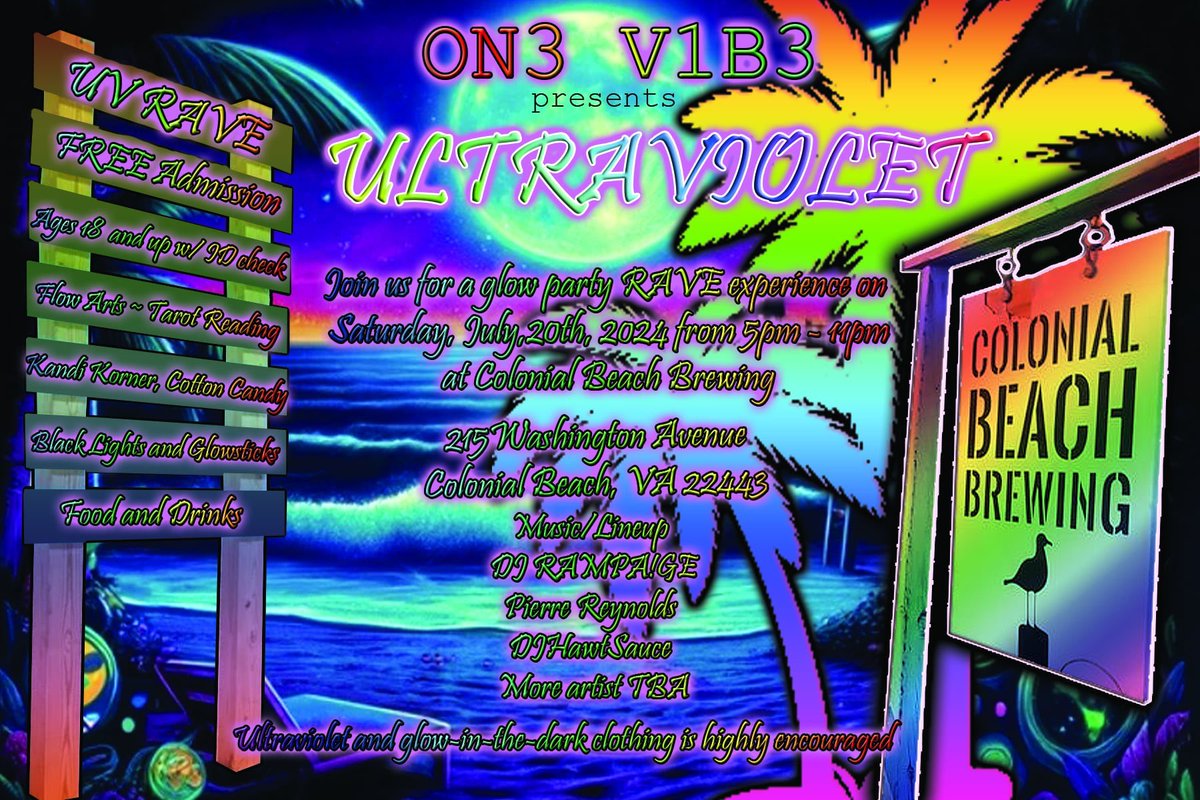 EDMsBest's tweet photo. Join us for #ULTRAVIOLET at #ColonialBeachBrewing for a night of #UV fun! Come dance to some #Trance, #DrumAndBass, #Dubstep, #House, #ElectroHouse, and more. Ft #FlowArtist, #DJs, #Kandi, #Food, and #Drinks. #VARaves #DMVRaves #Fredericksburg #EDM #KingGeorge #ColonialBeach https://t.co/1g4eg1Szcz