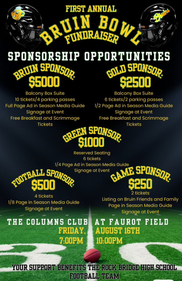 Our Bruins Bowl is going to be the party of the summer. Right now we are looking for more sponsors. Hit me up if you’re interested in supporting our 2024 Bruins!

M. O. B.