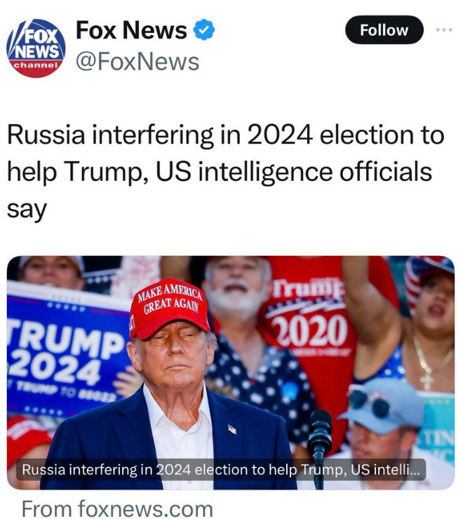 ConservBrief's tweet photo. Deja Vu - Russian Style!
Here we go again... intelligence 'sources' are claiming Russia is attempting to interfere with the 2024 Presidential election to try and help Donald Trump win...
Haven't we heard this before?
#RussianElectionInterference #FoxNews #DonaldTrump https://t.co/uQol7TJxFL