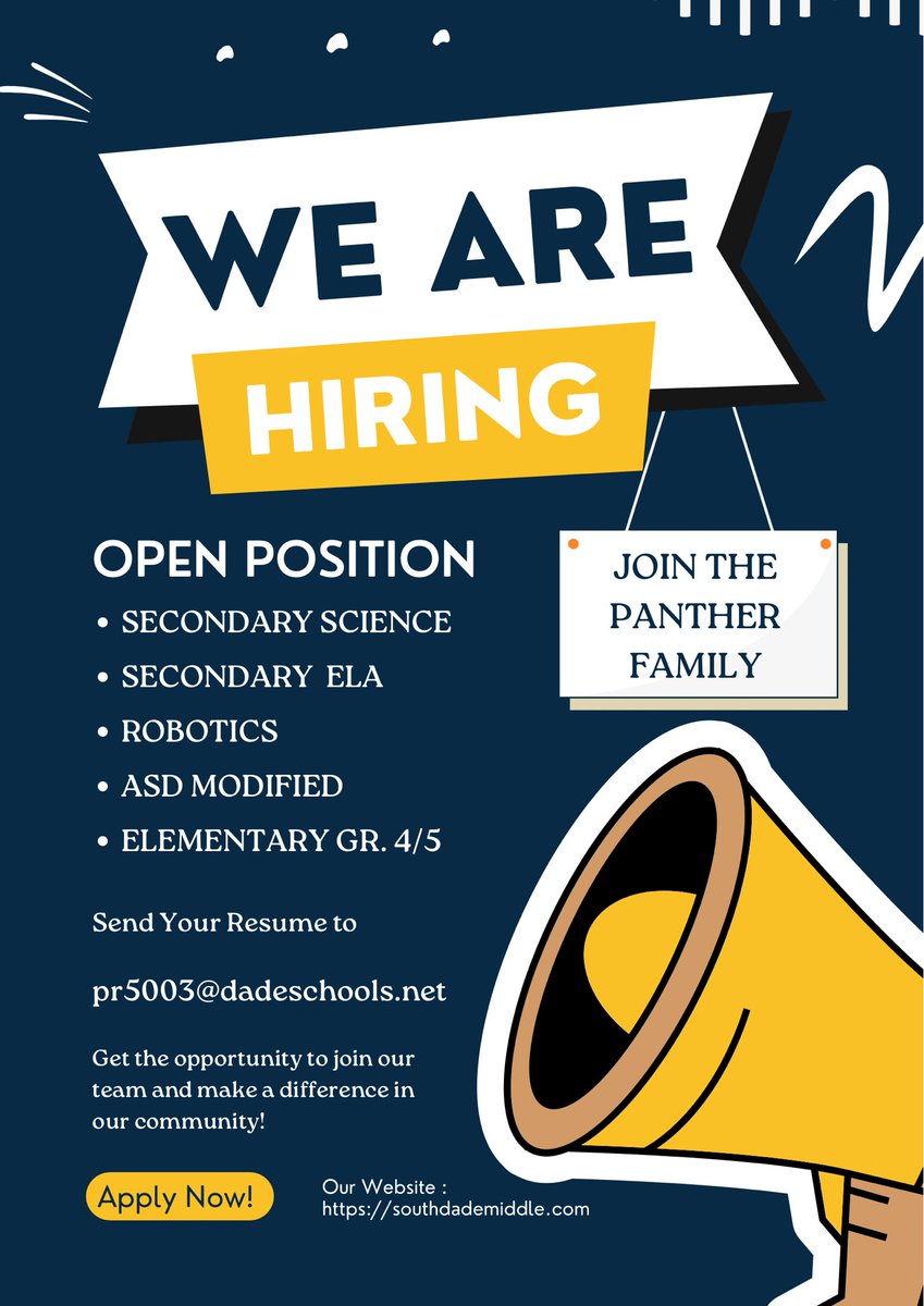 sdmpanthers's tweet photo. Join our Panther Team!🐾 #YourBestChoiceMDCPS @MDCPS @mdcpssouth @SuptDotres https://t.co/YMgHpFNyzA