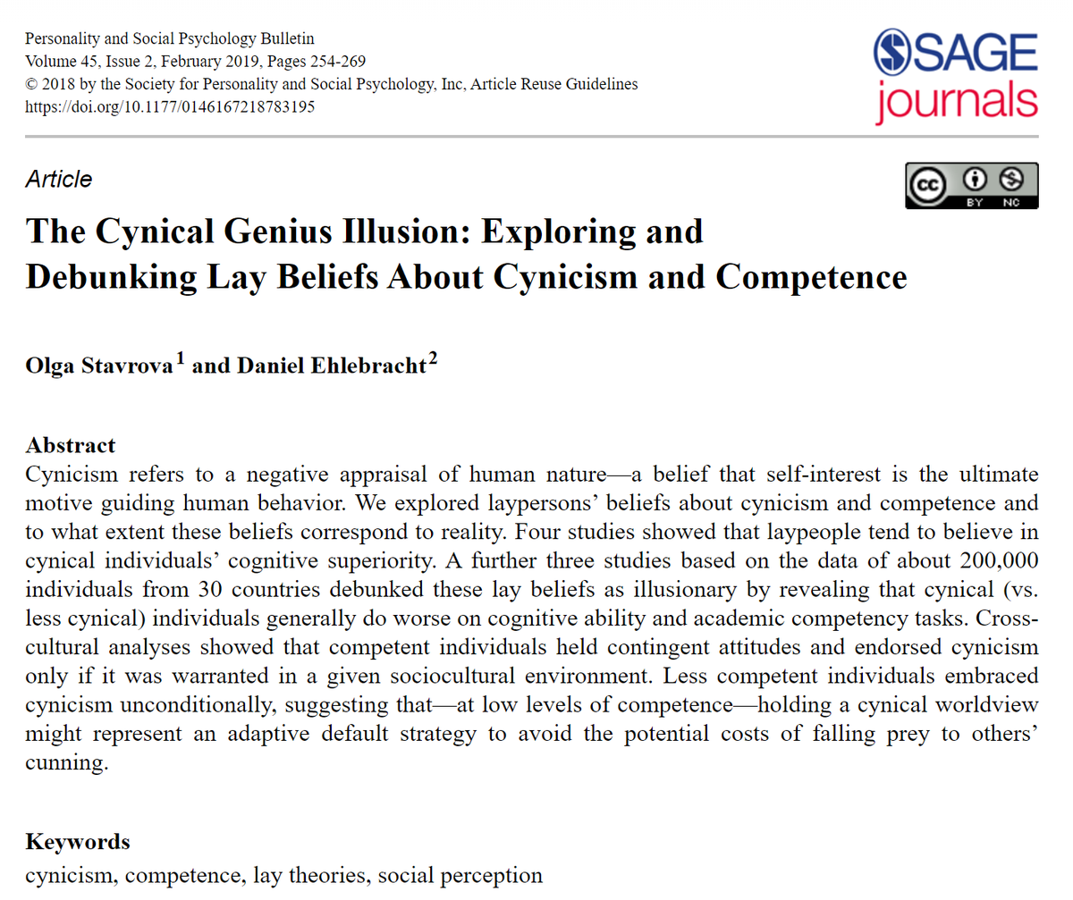 StefanFSchubert's tweet photo. Paper found that:

1) People believe that cynical people - who believe that human behaviour is guided by self-interest - are smarter than others.

2) In fact, cynical people are less smart than others