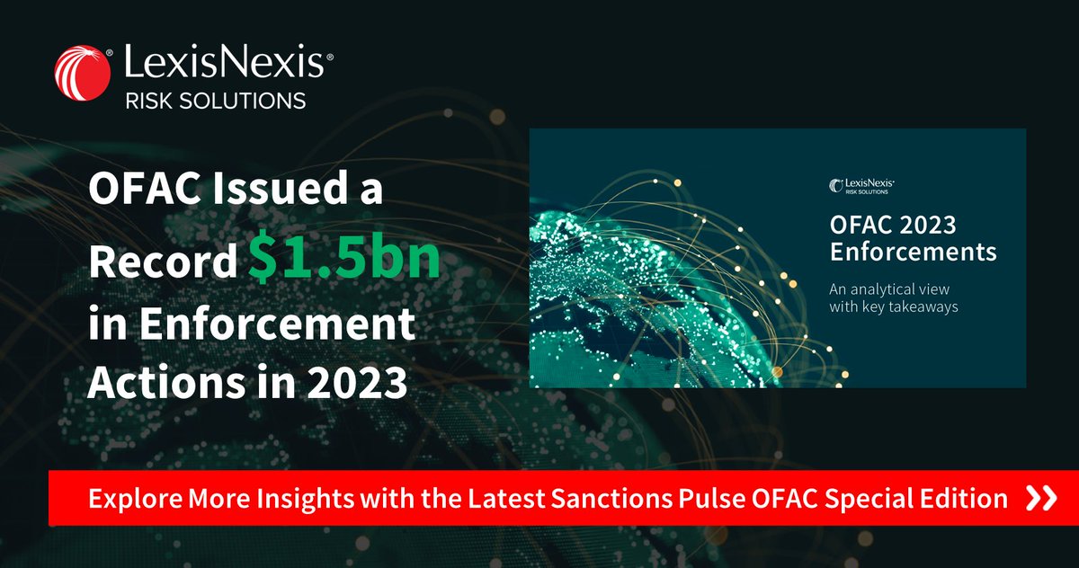STEPHANBARNEY's tweet photo. Discover the key takeaways and expert analysis on the enforcement activity undertaken by OFAC in 2023. Stay informed with our latest Sanctions Pulse Special Edition – download the ebook today  I work for LexisNexis Risk Solutions. https://t.co/4bgpGJKHFN https://t.co/biCw18Nx4q