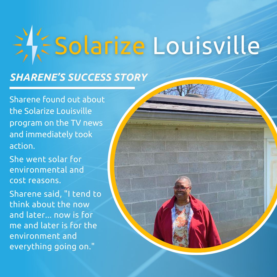 SolarizeLou's tweet image. The deadline to sign up for Solarize Louisville is July 31! 
Sharene out about the Solarize Louisville program on the TV news and immediately took action.  Her first summer she noticed that her electric bill was reduced by more than half.
Sign up today at SolarizeLouisville.com.