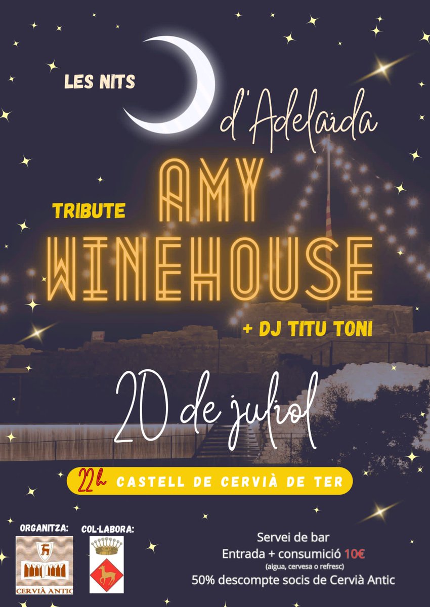 Les Nits d'Adelaida d'enguany volen retre homenatge a l'artista, cantant i compositora  Amy Winehouse. Dissabte 20 de juliol, 22h, Castell de Cervià de Ter. T'hi esperem!