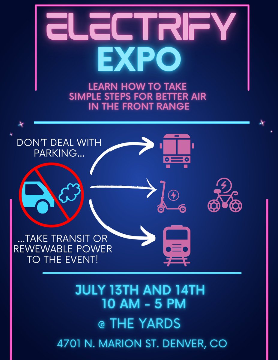 ozoneaware's tweet photo. Learn about and test out how to take simple steps for better air at the @ElectrifyExpo in Denver this weekend!

To take the @RideRTD bus or train: use the stop “48th &amp; Brighton National Western Center Station," off the purple "N" line  east of union station, and bus route 48. https://t.co/UzDfqd8Agk