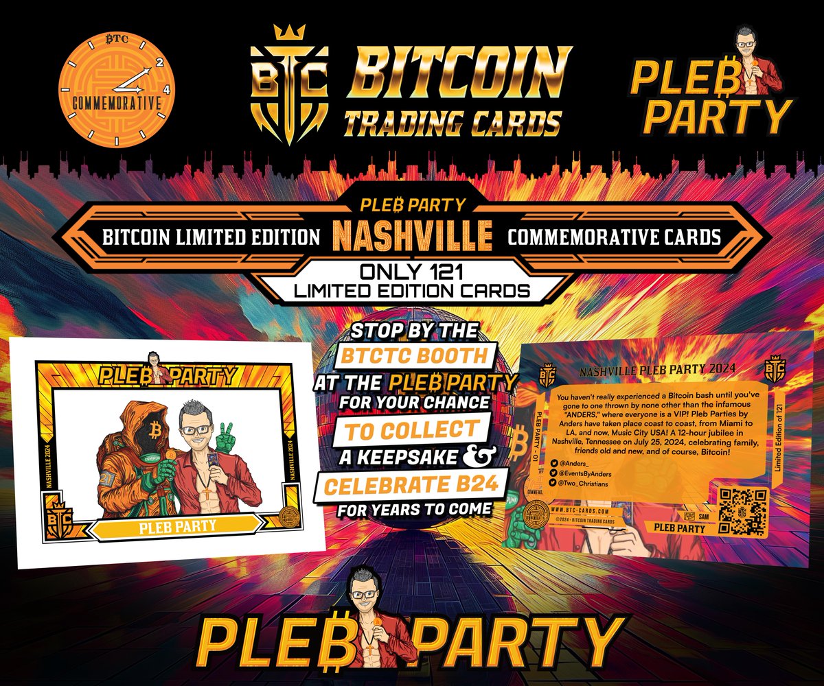 btc_cards's tweet image. 🚀 Introducing the Pleb Party card at @TheBitcoinConf in #Nashville! Only 121 limited edition cards. Stop by the BTC-TC Booth at the Pleb Party put on by @Anders_ via @EventsByAnders to collect a #keepsake. Free with select purchase at the #BTC Booth. #bitcoin2024