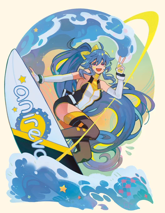 My entry for Anirevo's summer contest featuring their mascot Senmei catching some groovy space waves   Public voting for entries is available now until this Saturday, July 13th 11:59 PM PST   in replies !!