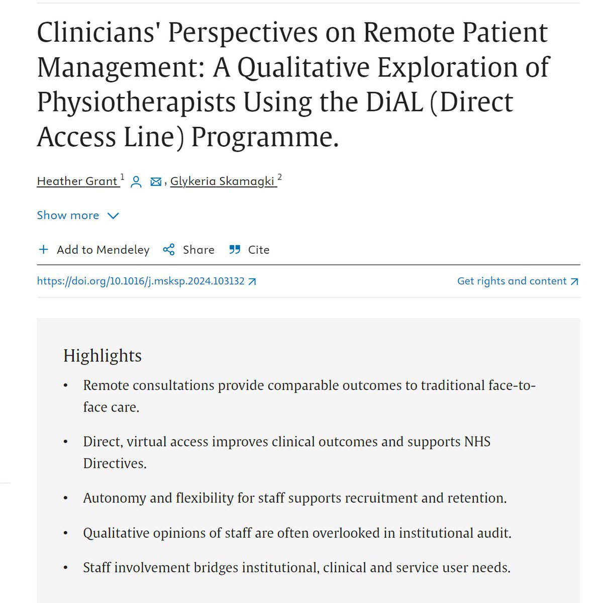 I am honoured to be the second author of this significant research on the experiences of physiotherapists using the DiAL (Direct Access Line) Programme. Congratulations to my MSc student, Heather Grant <a href="/UBSportExR/">UBSportExR</a> <a href="/thecsp/">Chartered Society of Physiotherapy (CSP)</a> <a href="/thecspstudents/">CSP Students</a>