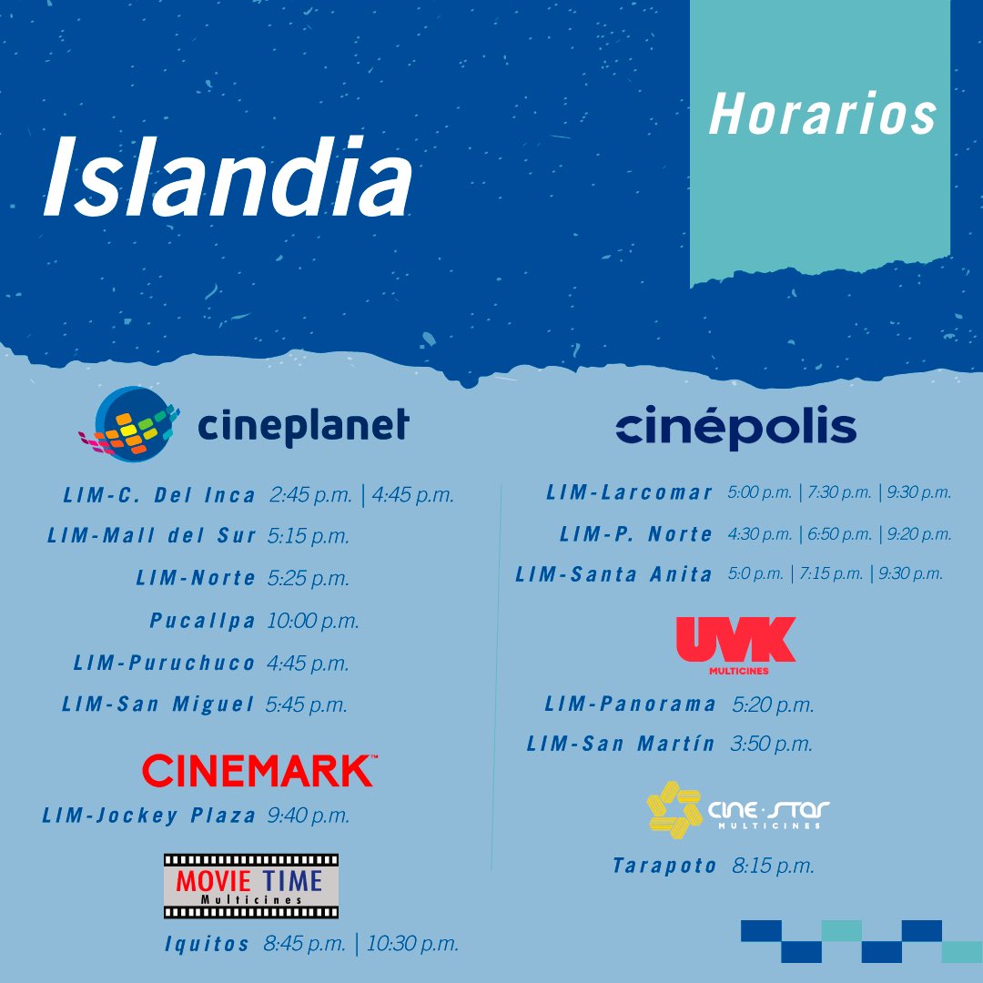 sebazavacritica's tweet photo. Les comparto los HORARIOS de la nueva película peruana ISLANDIA, de @InaMayushin, en los cines de TODO el Perú.
¡No dejen de ir a verla! 🎬

#Islandia #IslandiaLaPelícula #InaMayushin #CinePeruano #Cineplanet #Cinemark #Cinestar #UVK #Cinerama #MovieTime #SebaZavaReviews https://t.co/Vqf0soVRug