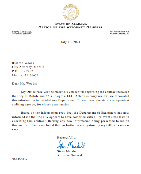 The Attorney General says it appears the city of Mobile complied with state laws regarding the contract with 321z Insights following allegations made by Former Police Chief Paul Prine.
<a href="/WKRG/">WKRG</a>