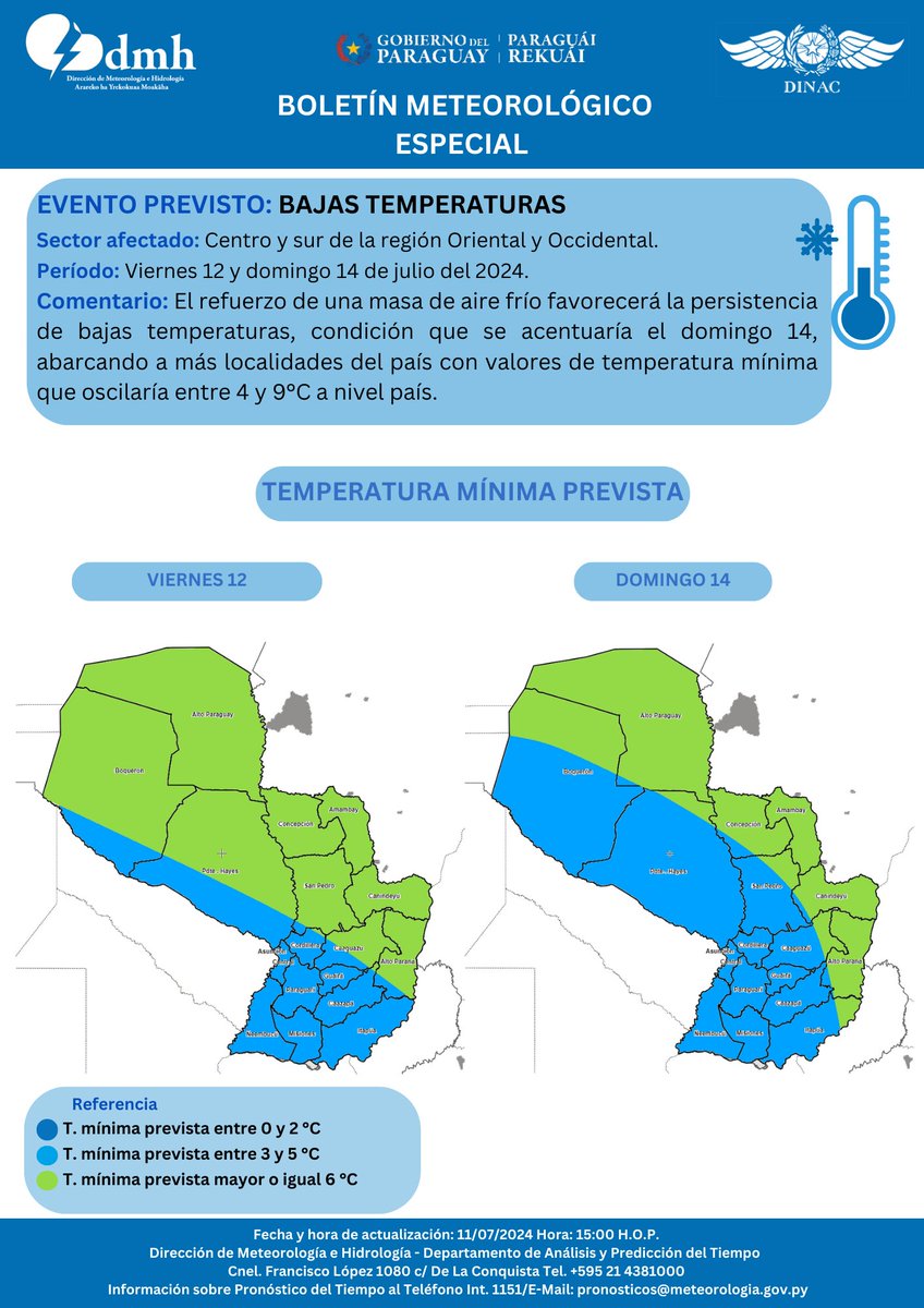 DMH_paraguay's tweet photo. 📢🥶Boletín Meteorológico Especial por Bajas Temperaturas.
Enlace: https://t.co/0pOD6wrAxo
Fecha: 11/07/2024
Hora: 15:04 h. https://t.co/jhPzH2H9q7