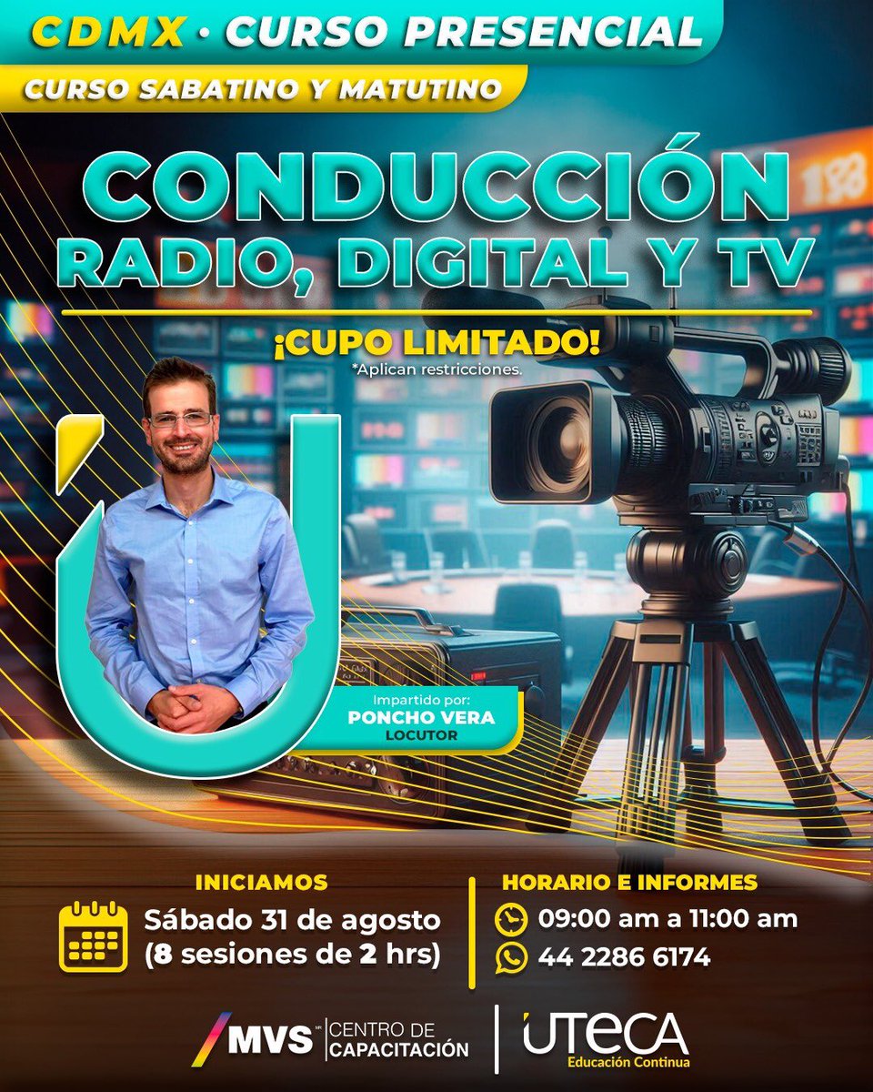 ponchovpof's tweet photo. Curso PRESENCIAL de CONDUCCIÓN de medios audiovisuales los SÁBADOS de 9 a 11 am… en las instalaciones y con el respaldo de @CentroMVS . Informes WhatsApp 442 286 6174 . Anímense. Gracias. Arrancamos el 31 de agosto. https://t.co/QDGYo7soaU