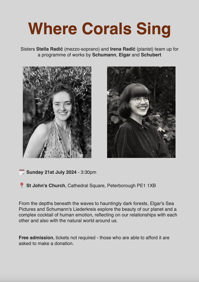 Where Corals Sing with <a href="/IrenaRadicPiano/">Irena Radić</a> and mezzo soprano <a href="/StellaRadic/">Stella Radic</a> - a free admission Sunday afternoon recital #Peterborough 21st July. #Schumann, #Elgar and #Schubert fionaradic.wordpress.com/2024/07/11/whe…
