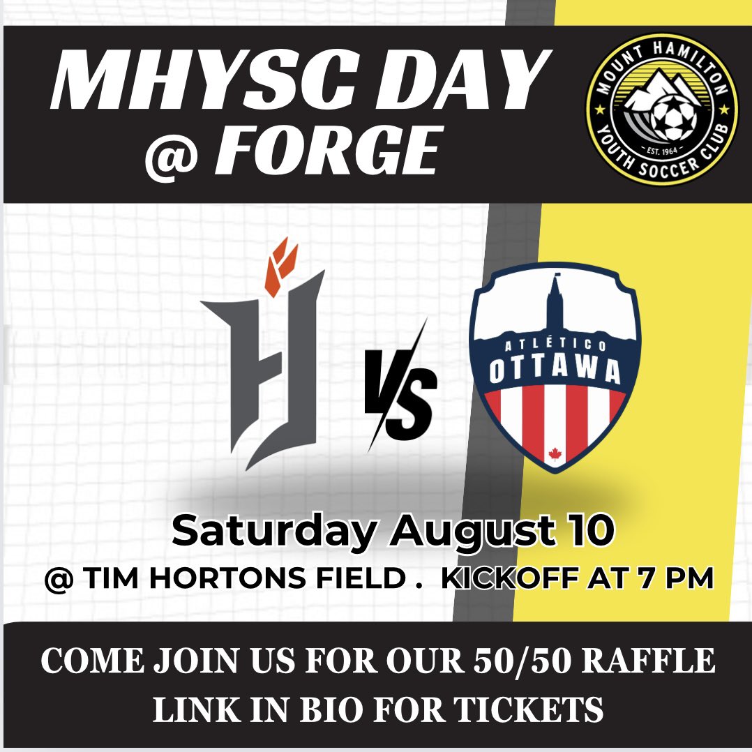 MHYSC's tweet image. MHYSC DAY AT FORGE!!
Come join us Saturday August 10th to support the club and Forge FC. Discounted tickets in our Instagram Bio!!💛🖤⚽️