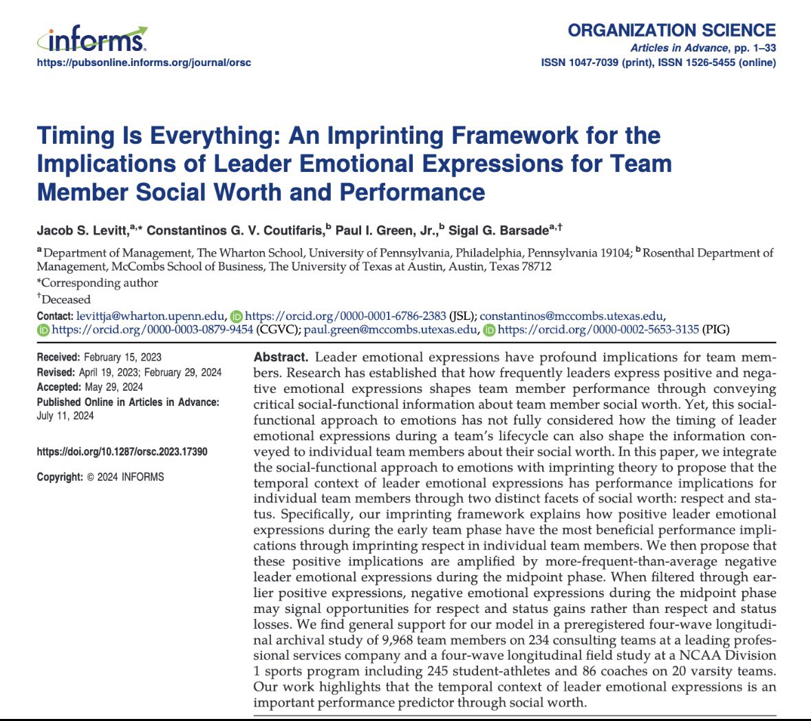Paul Green, Jr. (@paulgreenjunior) on Twitter photo Leaders: ever wonder when/if to express emotions to your team? You're pleased/happy, or frustrated/disappointed: do you say something? Turns out the answer is complex: it depends on when. New @0rganizationSci paper with <a href="/jacobsglevitt/">Jacob Levitt</a> <a href="/coutifaris/">Constantinos Coutifaris</a> <a href="/sigalbarsade/">sigal</a> helps clarify 1/n Leaders: ever wonder when/if to express emotions to your team? You're pleased/happy, or frustrated/disappointed: do you say something? Turns out the answer is complex: it depends on when. New @0rganizationSci paper with <a href="/jacobsglevitt/">Jacob Levitt</a> <a href="/coutifaris/">Constantinos Coutifaris</a> <a href="/sigalbarsade/">sigal</a> helps clarify 1/n