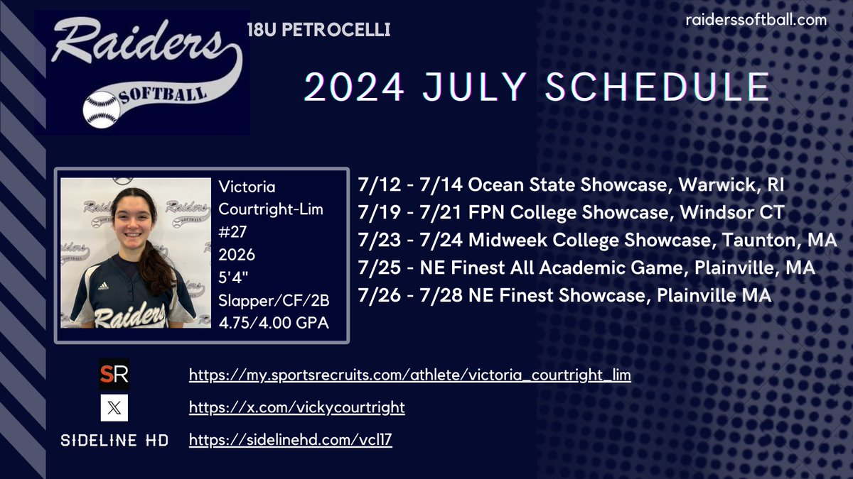 Victoria Courtright 2026 (@vickycourtright) on Twitter photo A revised schedule for July is out. Lots of softball to play before the season ends. The next tournament is the Ocean State Showcase tomorrow in Warwick, RI. <a href="/WellesleySball/">Wellesley Softball</a> <a href="/TuftsSoftball/">Tufts Softball</a> <a href="/AmherstCollege/">Amherst College</a> <a href="/CULionsSoftball/">Columbia Softball</a> <a href="/mitsoftball/">MIT Softball</a> A revised schedule for July is out. Lots of softball to play before the season ends. The next tournament is the Ocean State Showcase tomorrow in Warwick, RI. <a href="/WellesleySball/">Wellesley Softball</a> <a href="/TuftsSoftball/">Tufts Softball</a> <a href="/AmherstCollege/">Amherst College</a> <a href="/CULionsSoftball/">Columbia Softball</a> <a href="/mitsoftball/">MIT Softball</a>