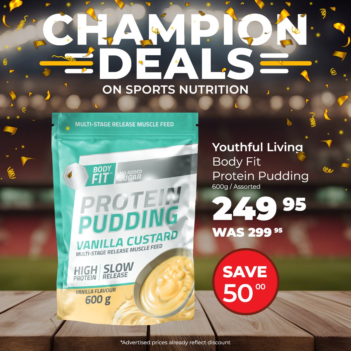 Dischem's tweet photo. Why not treat yourself to a pudding with slow-release protein to fuel your day and spot your hard work at the gym? Get champion deals on sports nutrition!
Valid until 11 August.
#ProteinPudding #Workout #BodyFit #DisChem #ChampionDeals https://t.co/Cm84Dvw1Ys