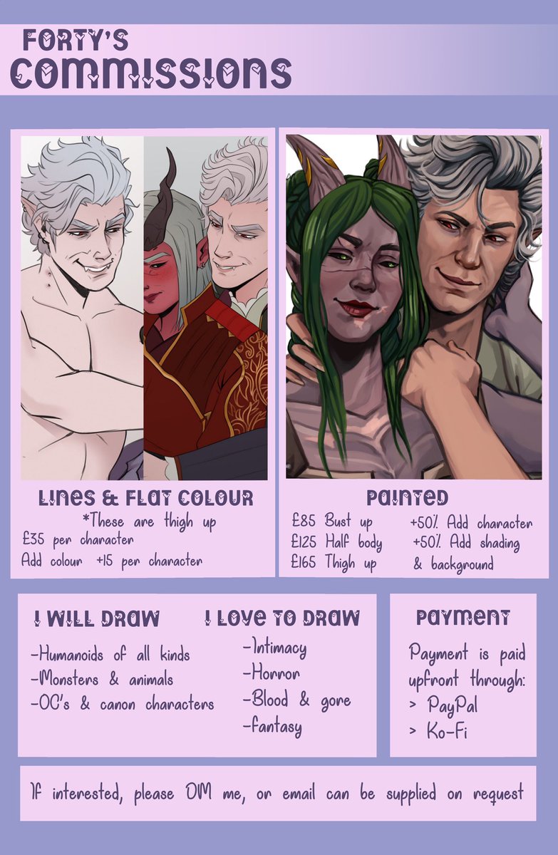 COMFORTYART's tweet photo. 📌Welcome to Bhaal’s Palace (my page) 🩸🔪✨

I'm Forty! A trans, Métis, full time freelance illustrator based in England 💖🏳️‍⚧️ I love drawing all things fantasy, with a love for the darker themes. 

🩸Com status in bio ✨
🩸Helpful links, shop &amp; queue : https://t.co/mmdkUs2cFU https://t.co/XshulTiXCD