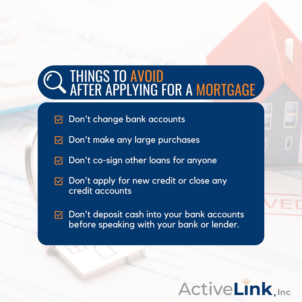 ActiveLinkInc's tweet image. Avoiding common post-mortgage application pitfalls is crucial for financial success! Don't jeopardize your dream home 🏡 by overspending or making major financial moves.
-----
Contact us today athttps://www.activelinkmortgage.com/!
.
#MortgageWisdom #FinancialSmartMoves