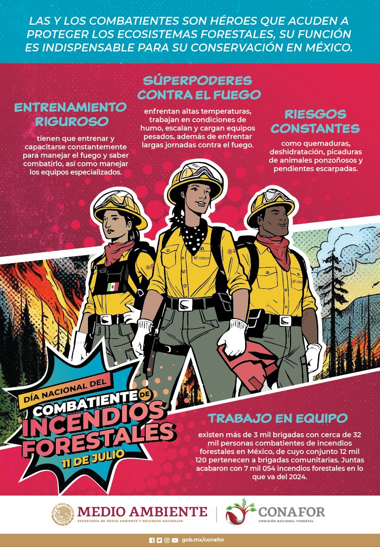 CONAFOR's tweet photo. Aunque apagar el fuego en los bosques, selvas, manglares e incluso en las zonas semiáridas, es una labor que se hace desde tiempo atrás ⏱️, en México se cumplen 10 años 🥳🎉 que oficialmente se reconoce este trabajo.
Feliz Día Nacional del #Combatiente de #IncendiosForestales🦸 https://t.co/OTMKTFQvJD