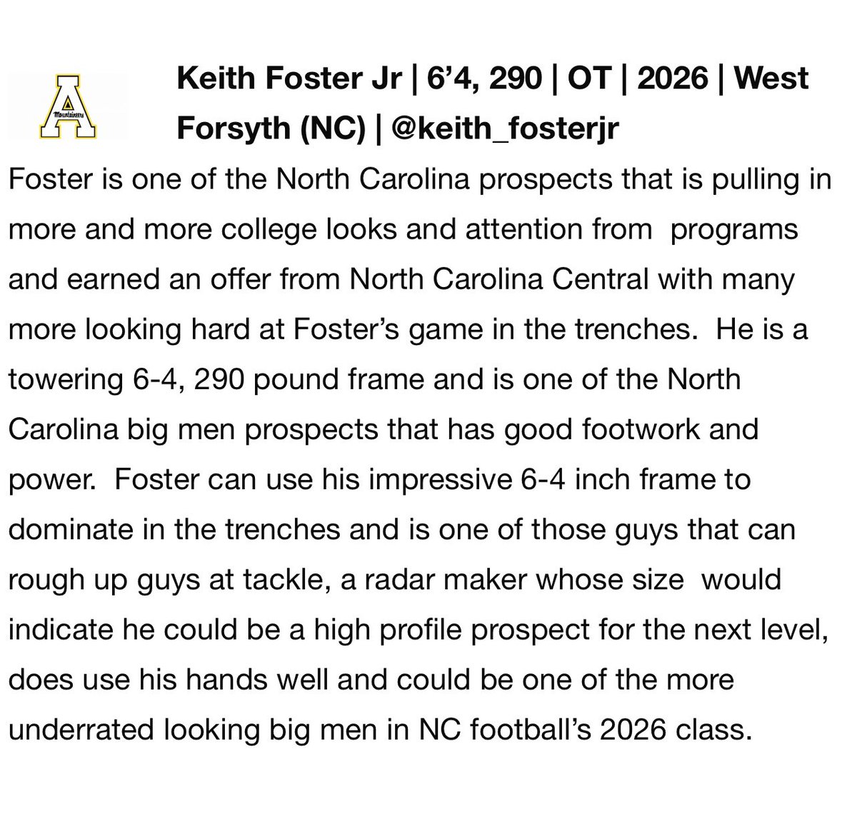 Keith Foster jr (@keith_fosterjr) on Twitter photo Thank you <a href="/sixstarfootball/">Six Star Football | PLUS+</a> & <a href="/AppState_FB/">App State Football</a> for the article!
<a href="/WF_Football/">West Forsyth Football</a> Thank you <a href="/sixstarfootball/">Six Star Football | PLUS+</a> & <a href="/AppState_FB/">App State Football</a> for the article!
<a href="/WF_Football/">West Forsyth Football</a>