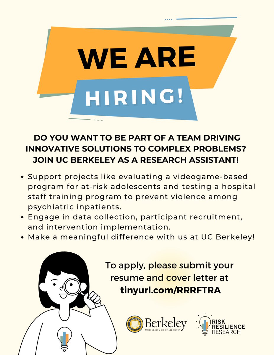We have another opening! Do you want to be part of a team driving innovative solutions to complex problems? We're seeking a dedicated Research Assistant to support impactful projects at UC Berkeley. careerspub.universityofcalifornia.edu/psp/ucb/EMPLOY…  
#ResearchAssistant #UCBerkeley #JoinOurTeam