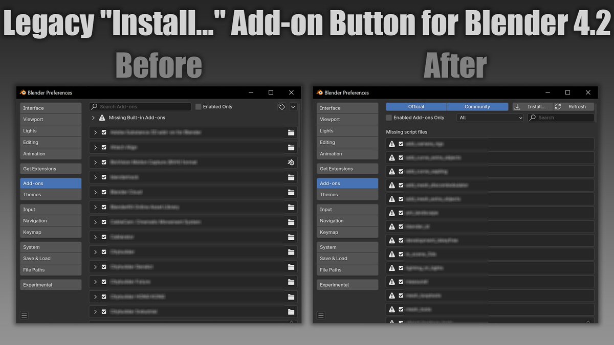 thetoillmainn's tweet photo. I made a free Add-on for Blender 4.2 to bring back the "Install..." button to the Blender preferences! 

Let's hope they change their mind so this will be obsolete in the future.

Get it here:
https://t.co/fuIjzl33SO

#Blender #b3d #Blender3D #3dart #3Dartist https://t.co/BtqVQiDbLX