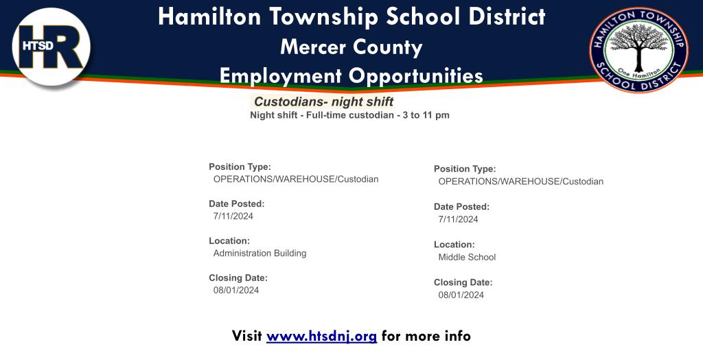 HTSD_HR's tweet photo. Online Employment Application | Open Positions:
Custodians- Full Time Nights
https://t.co/50vYdkOVWM https://t.co/CANatF1g77