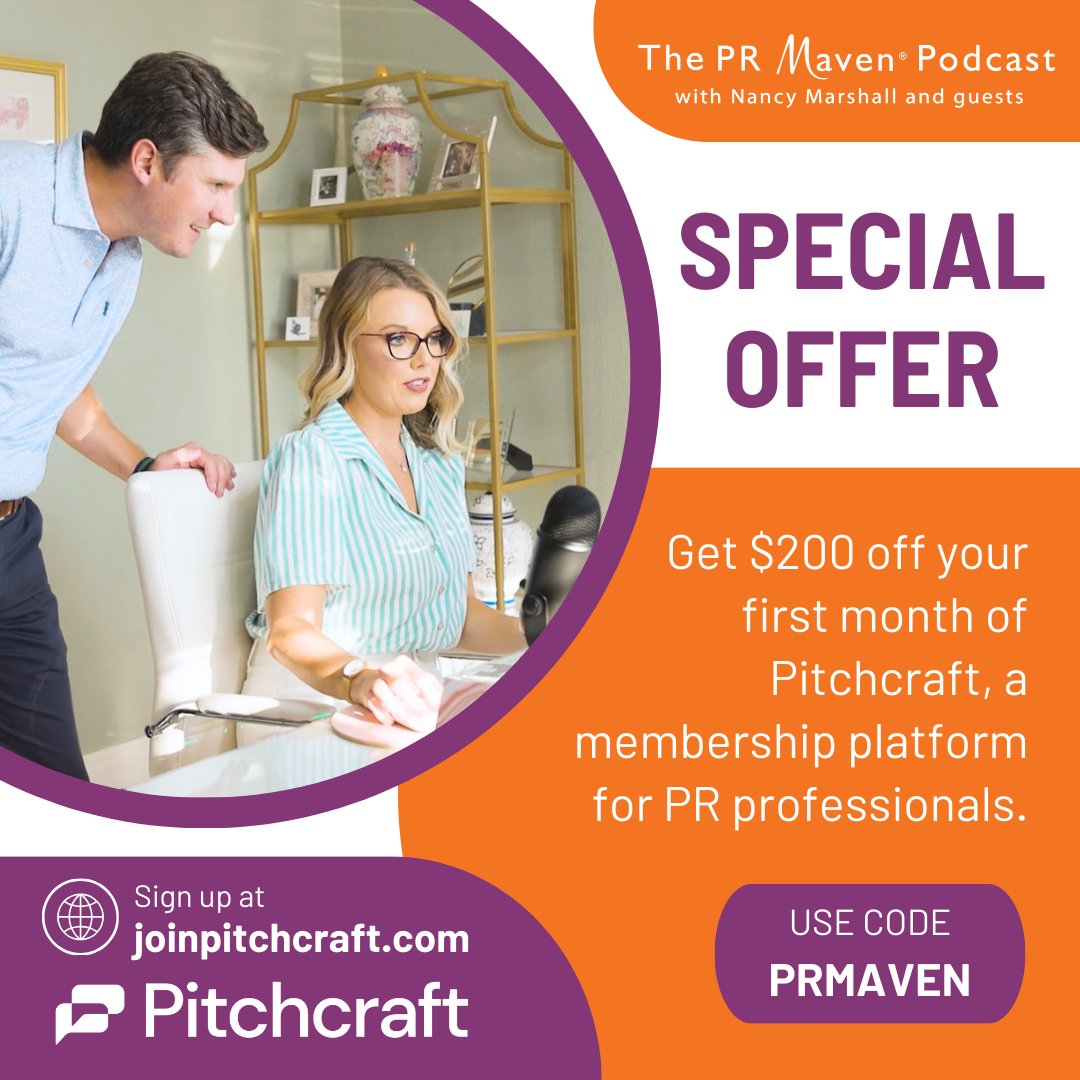 Not only is Pitchcraft our amazing sponsor on The PR Maven® Podcast, but they have helped our team at Marshall Communications. We highly recommend Pitchcraft. Use the code PRMAVEN to get $200 off your first month’s membership!
joinpitchcraft.com