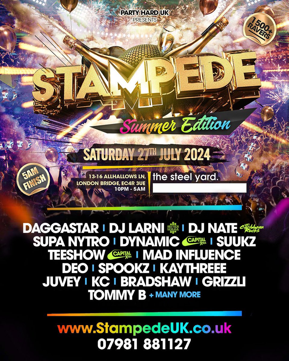 PartyHardUK_'s tweet photo. End Of The Month! ⏰

Stampede - Summer Edition ☀️

Saturday 27th July 2024 📆

At The Steel Yard, London Bridge! 📍 

For Tickets &amp; Info 
https://t.co/enUpYSor20 https://t.co/BAZPzqtudS